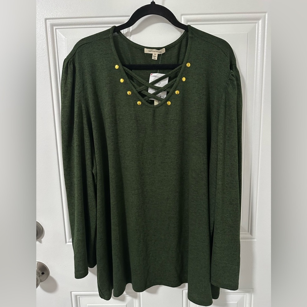 Women’s Forest Green Long Sleeve Top with Gold Accents, Size 3X NWT